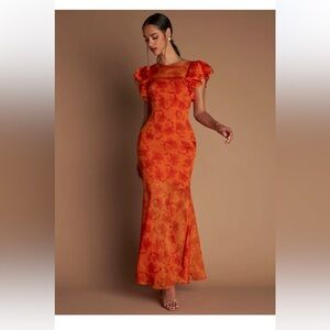 Elegant Chiffon Orange Mermaid Floral Dress NWT Size 10